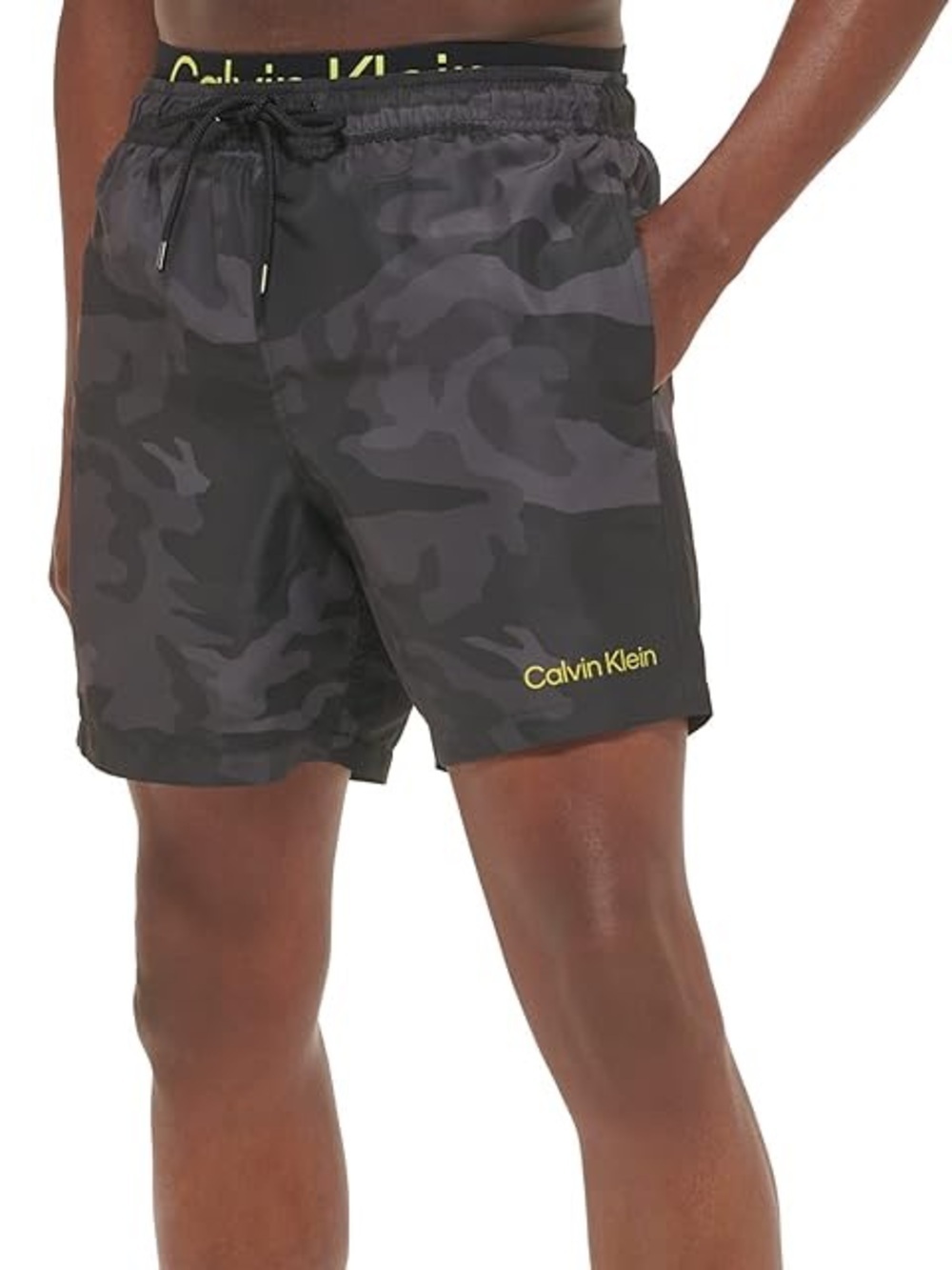 Calvin Klein Men's Black & Gray Camo Swim Shorts with Yellow Waistband size XL